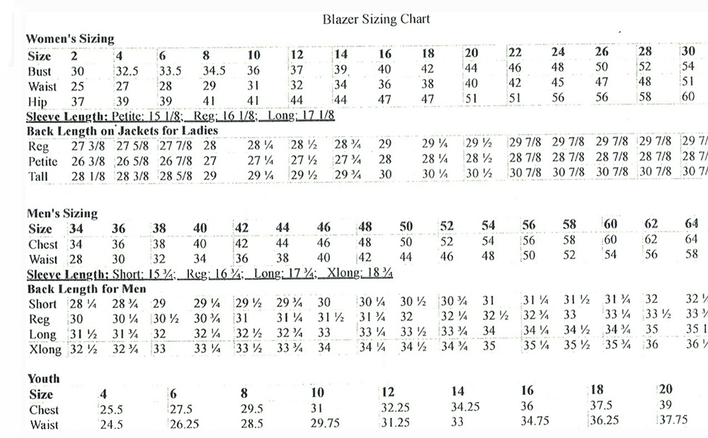 blazer size chart 